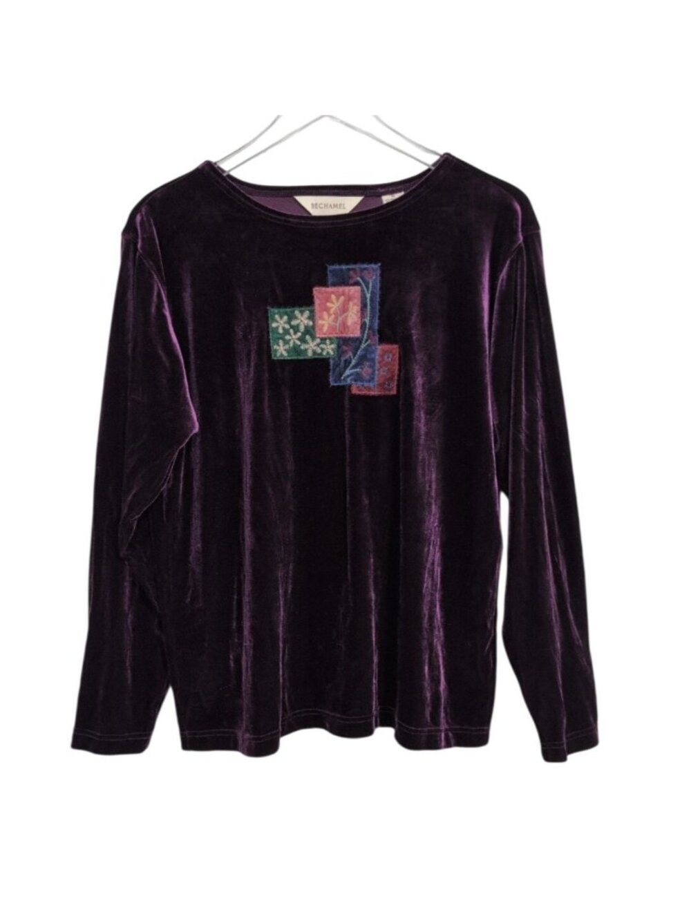 Vintage Velvet Embroidered Floral Shirt Womens Size Medium Purple Patchwork
